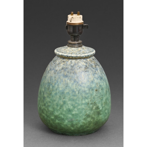 24 - A Ruskin pottery lamp, 1932, with blue and green mottled matt glaze, 15cm h excluding fitment, impre... 