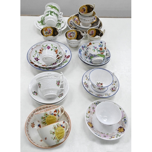 255 - Eleven Charles Bourne trios, cups and saucers, and teabowl and saucer, c.1820, pattern numbers 5, 10... 