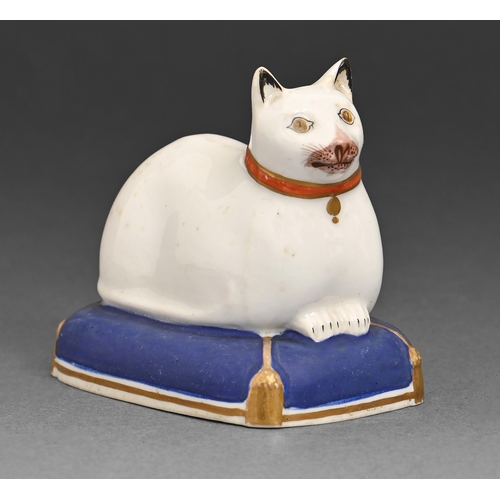 275 - A Charles Bourne model of a cat, c.1825-1829, pattern number 9, with red and gilt collar, lying recu... 