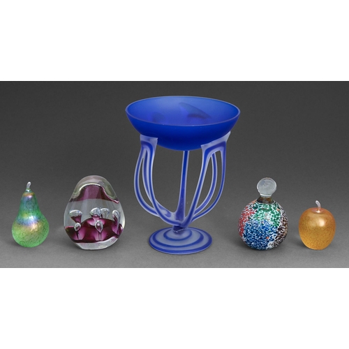 33 - A Jozefina Krosno cobalt blue bowl, 20th c, on seven trailed legs, 18cm h, and four paperweights inc... 