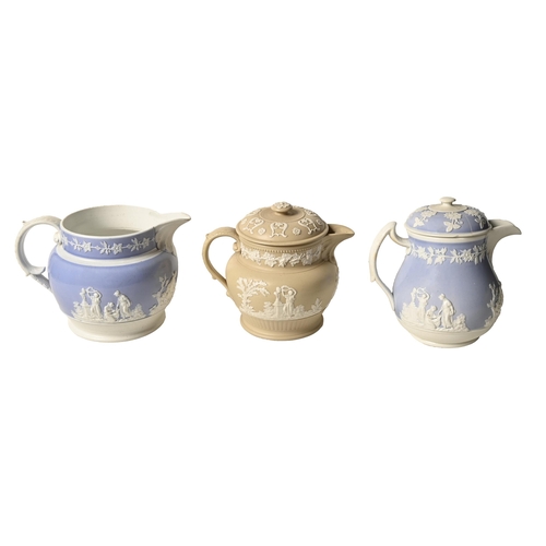 331 - A Staffordshire stoneware jug and two jugs and covers attributed to Charles Bourne, c.1817-1830, spr... 