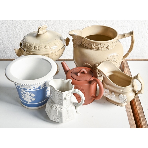 335 - Miscellaneous Staffordshire stoneware and a redware cylindrical teapot, second half of 18th c and la... 