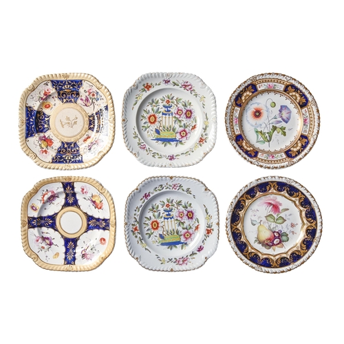 336 - Four dessert plates and a pair, c.1830, painted with bouquets, with gadrooned rims and gilt decorati... 