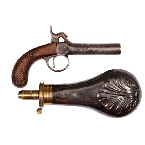 351 - An English 80-bore percussion pocket pistol, second quarter 19th c, unsigned, with chequered walnut ... 