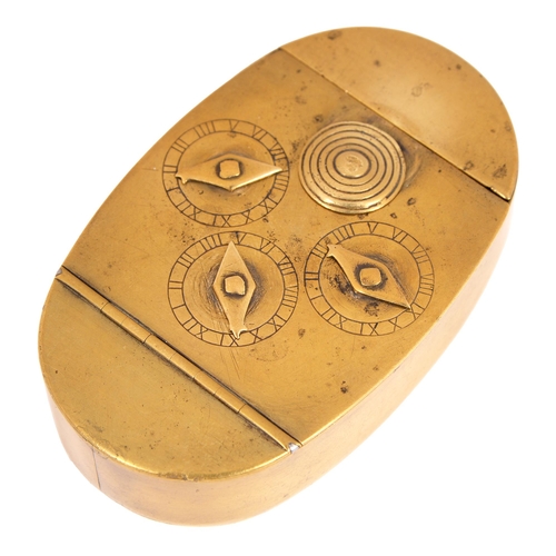 352 - An English sheet brass snuff box with three-dial combination lock, early 19th c, 83mm l, combination... 