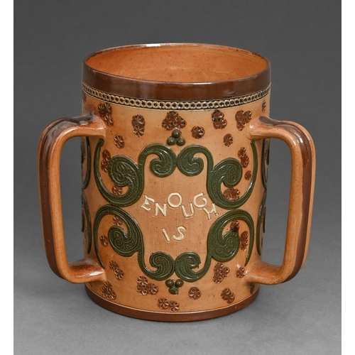 45 - A Doulton Lambeth stoneware tyg, c.1900, sprigged with green scrolls and MORE THAN ENOUGH IS TOO MUC... 