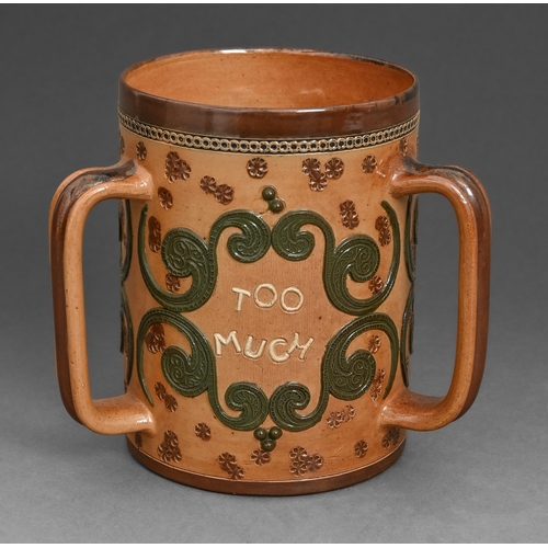 45 - A Doulton Lambeth stoneware tyg, c.1900, sprigged with green scrolls and MORE THAN ENOUGH IS TOO MUC... 