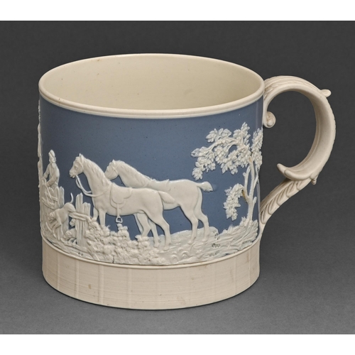 46 - A Staffordshire felspathic stoneware mug, c.1820, sprigged with a hunting scene and engine turned, 1... 