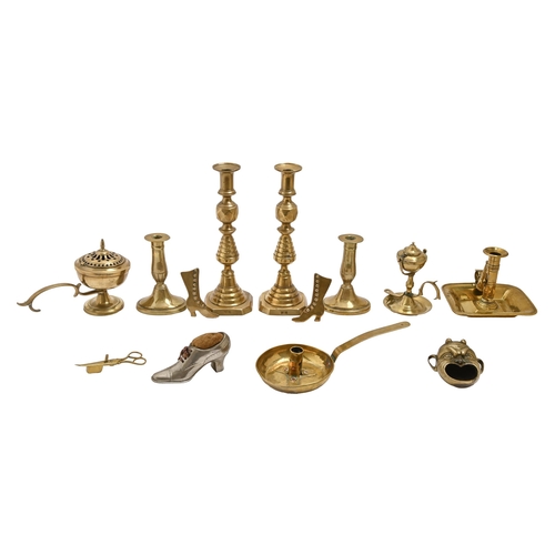 467 - Miscellaneous brass and other metalware, 19th c, including two pairs of candlesticks, the tallest 30... 