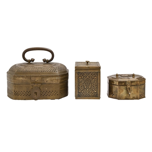 468 - Three Eastern brass boxes, 19th c, comprising an Indian tooled and pierced octagonal brass box, 25.7... 