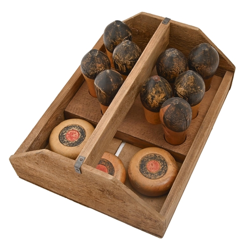 470 - Folk Art. A set of stained and turned wood skittles, 19th c, 15cm h , with three cheeses in a later ... 