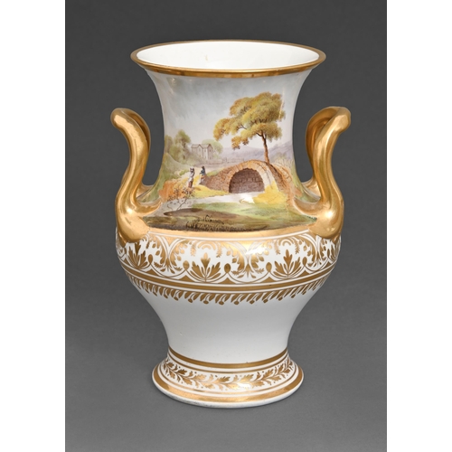 49 - A gilt and enamelled two handled porcelain vase, c.1820, the neck enamelled with countryside scenes ... 