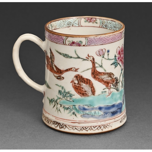 52 - A Chinese famille rose stoneware mug, early 19th c, painted with geese and peonies, 8cm h... 