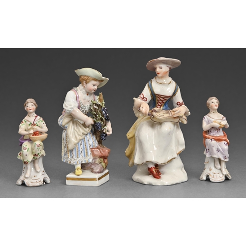 54 - A Meissen figure of a girl, two miniature figures of seated women and another figure of a seated wom... 