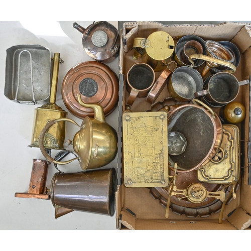 545 - Miscellaneous brass and copper, 19th and 20th c, to include a brass trivet etched with interior scen... 