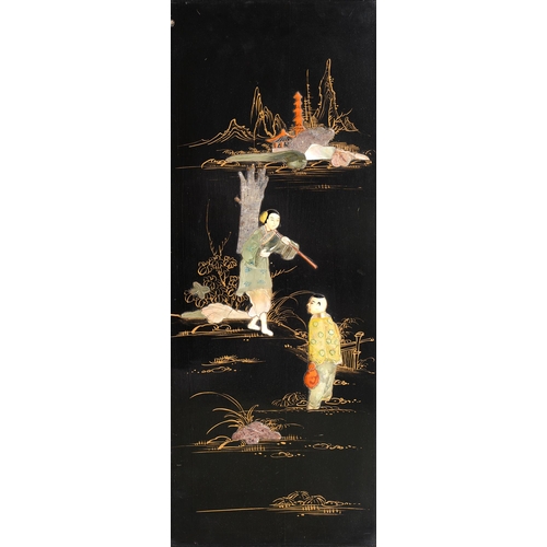 551 - A pair of Japanese wood, lacquer, mother-of-pearl, bone and stone panels, c1930, with figures and a ... 