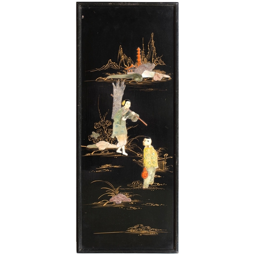 551 - A pair of Japanese wood, lacquer, mother-of-pearl, bone and stone panels, c1930, with figures and a ... 