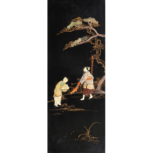 551 - A pair of Japanese wood, lacquer, mother-of-pearl, bone and stone panels, c1930, with figures and a ... 