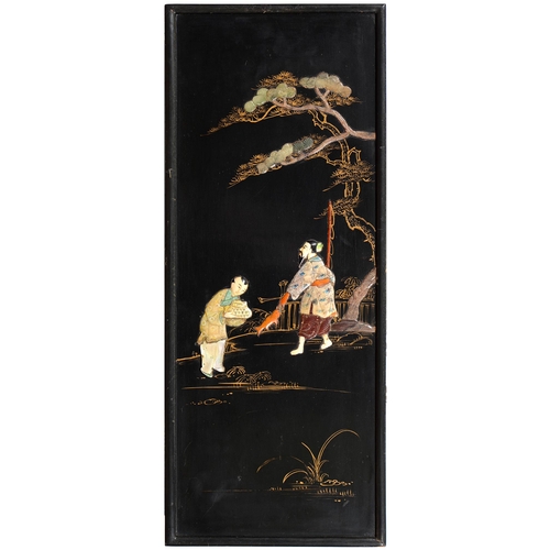 551 - A pair of Japanese wood, lacquer, mother-of-pearl, bone and stone panels, c1930, with figures and a ... 