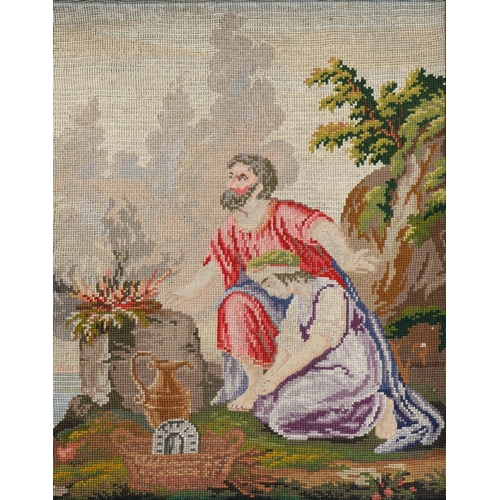 553 - A 19th c woolwork picture of Mary Magdalene anointing the feet of Christ, 60cm x 47cm, in contempora... 