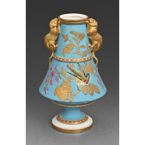 58 - A Derby turquoise late 19th c vase applied with gilt lion cub handles, enamelled with a bird and gil... 