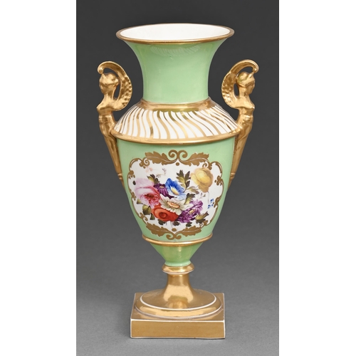 59 - A Staffordshire two handled porcelain vase, c.1820, painted with roses reserved on a celadon ground,... 