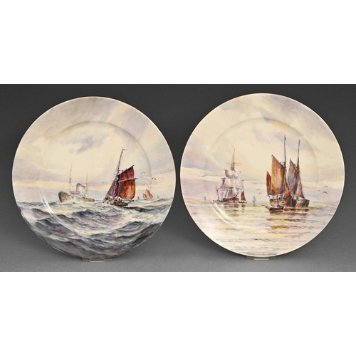 6 - A pair of Cauldon plates, early 20th c, painted with naval scenes, by W E J Dean, both signed, 22.3c... 