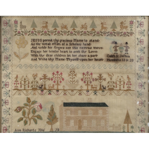 607 - A George III linen sampler, Ann Richards, dated 1806, embroidered in colourful cotton and silk threa... 