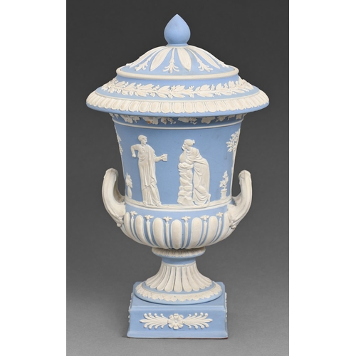 61 - A Wedgwood jasper ware campana vase and cover, 20th c, sprigged with classical figures, 31cm h, impr... 