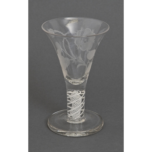 64 - A Jacobite wine glass, probably 18th c, the bell bowl etched with roses and FIAT, on multiple spiral... 