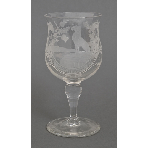 65 - A wine glass dated 1812, the bell bowl etched with THE LION'S VIGIL and date 1812, 20cm h... 