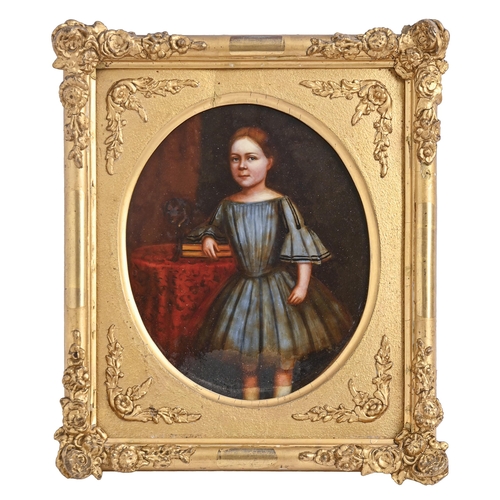 657 - A Victorian reverse painted glass full length portrait of a young girl in a blue dress, oval, contem... 