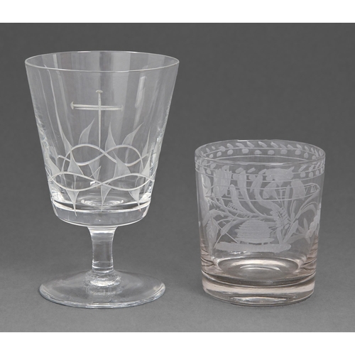 66 - A whisky tumbler, late 19th c, etched with flowers and GOD IS LOVE and another Webb's, with crown of... 