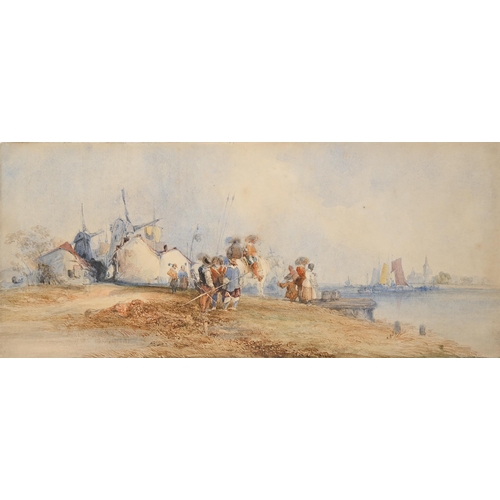 660 - Attributed to George Cattermole (1800-1868) - Waiting for the Ferry, watercolour, 18 x 40cm... 