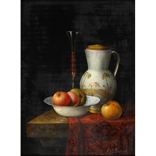 671 - F V Knapp, 20th century - Still Life with Fruit in a Wanli Bowl, signed, oil on panel, 39cm x 29cm... 