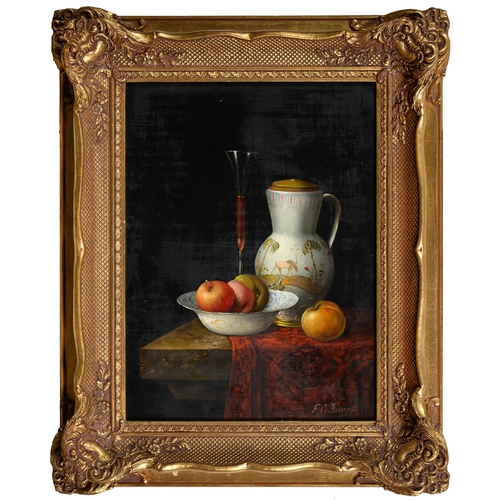 671 - F V Knapp, 20th century - Still Life with Fruit in a Wanli Bowl, signed, oil on panel, 39cm x 29cm... 