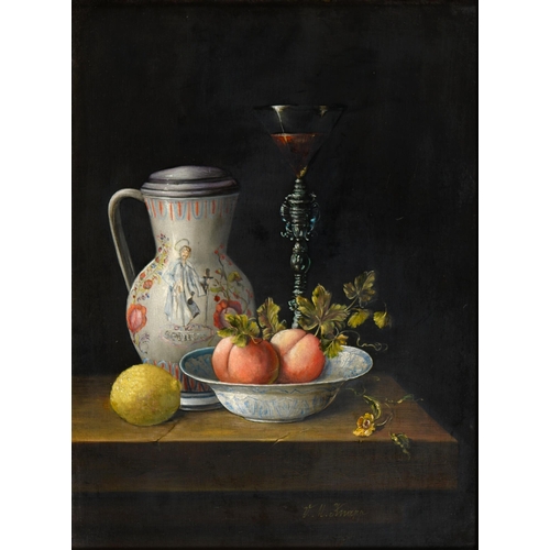 672 - F V Knapp, 20th century - Still Life with Fruit in a Wanli Bowl, signed, oil on panel, 39cm x 29cm... 