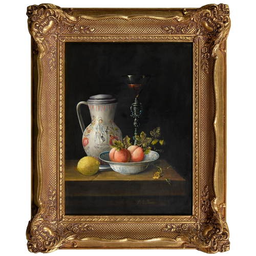 672 - F V Knapp, 20th century - Still Life with Fruit in a Wanli Bowl, signed, oil on panel, 39cm x 29cm... 