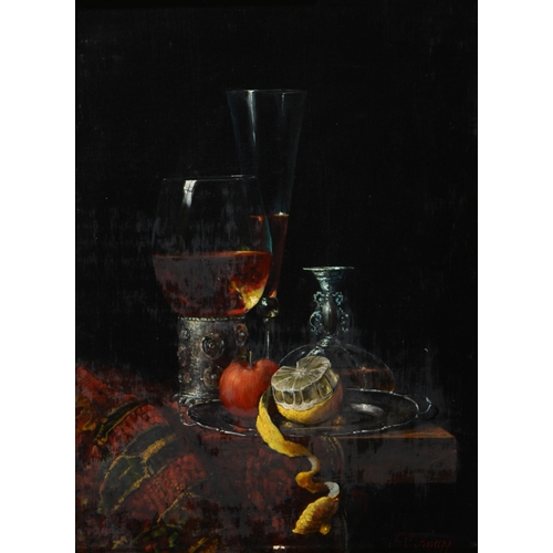 673 - F V Knapp, 20th century - Still Life with a Peeled Lemon, Wine Glass and Roemer, signed, oil on pane... 