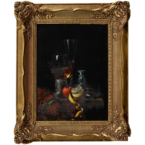 673 - F V Knapp, 20th century - Still Life with a Peeled Lemon, Wine Glass and Roemer, signed, oil on pane... 