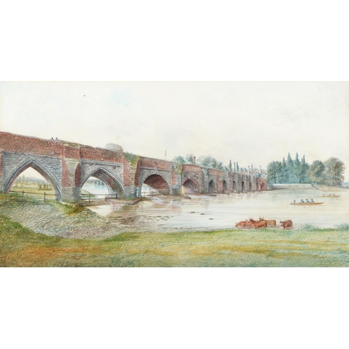 683 - English Naive Artist, mid-19th c - Bridged River, with watering cattle and rowing boats, watercolour... 