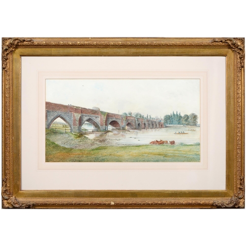 683 - English Naive Artist, mid-19th c - Bridged River, with watering cattle and rowing boats, watercolour... 