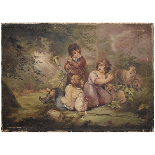 701 - English School, 19th century - Young Shepherds and Their Flock, oil on canvas, 26cm x 36cm, unframed... 