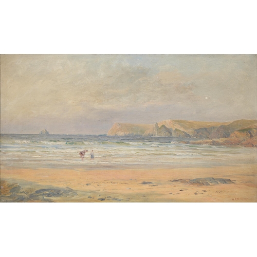 704 - William Henry Borrow (1840-1905) - Paddling on the Beach, signed, oil on canvas, 25.5 x 43cm, fragme... 