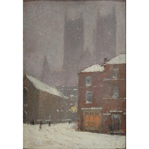 706 - Attributed to Alfred George Webster (1852-1916) - Lincoln Cathedral in the Snow, oil on board, 23cm ... 