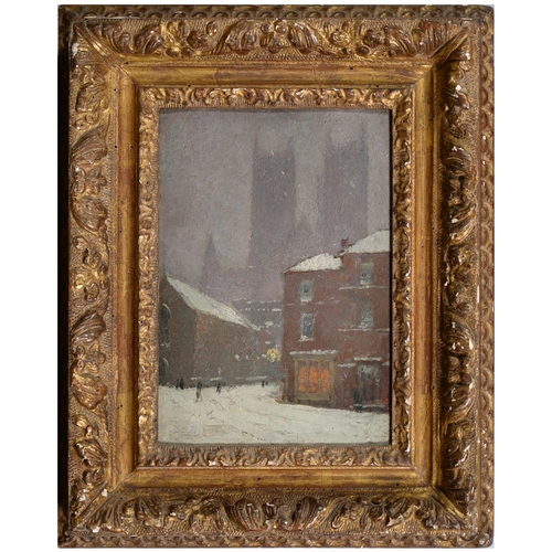 706 - Attributed to Alfred George Webster (1852-1916) - Lincoln Cathedral in the Snow, oil on board, 23cm ... 