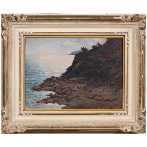 708 - Continental School, 20th century - Coastal Landscape, indistinctly signed, oil on board, 27cm x 37cm... 