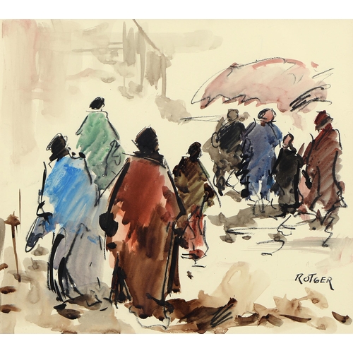 710 - ** Rotger, late 20th century - Groups of Figures, four, all signed, watercolour, 38.5cm x 39cm and s... 