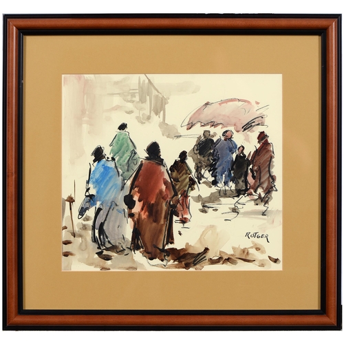 710 - ** Rotger, late 20th century - Groups of Figures, four, all signed, watercolour, 38.5cm x 39cm and s... 