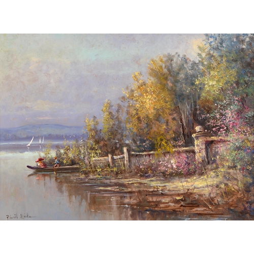 713 - Late 20th/21st century - Lakeside Scene, with signature, oil on board, 29.5cm x 39.5cm... 